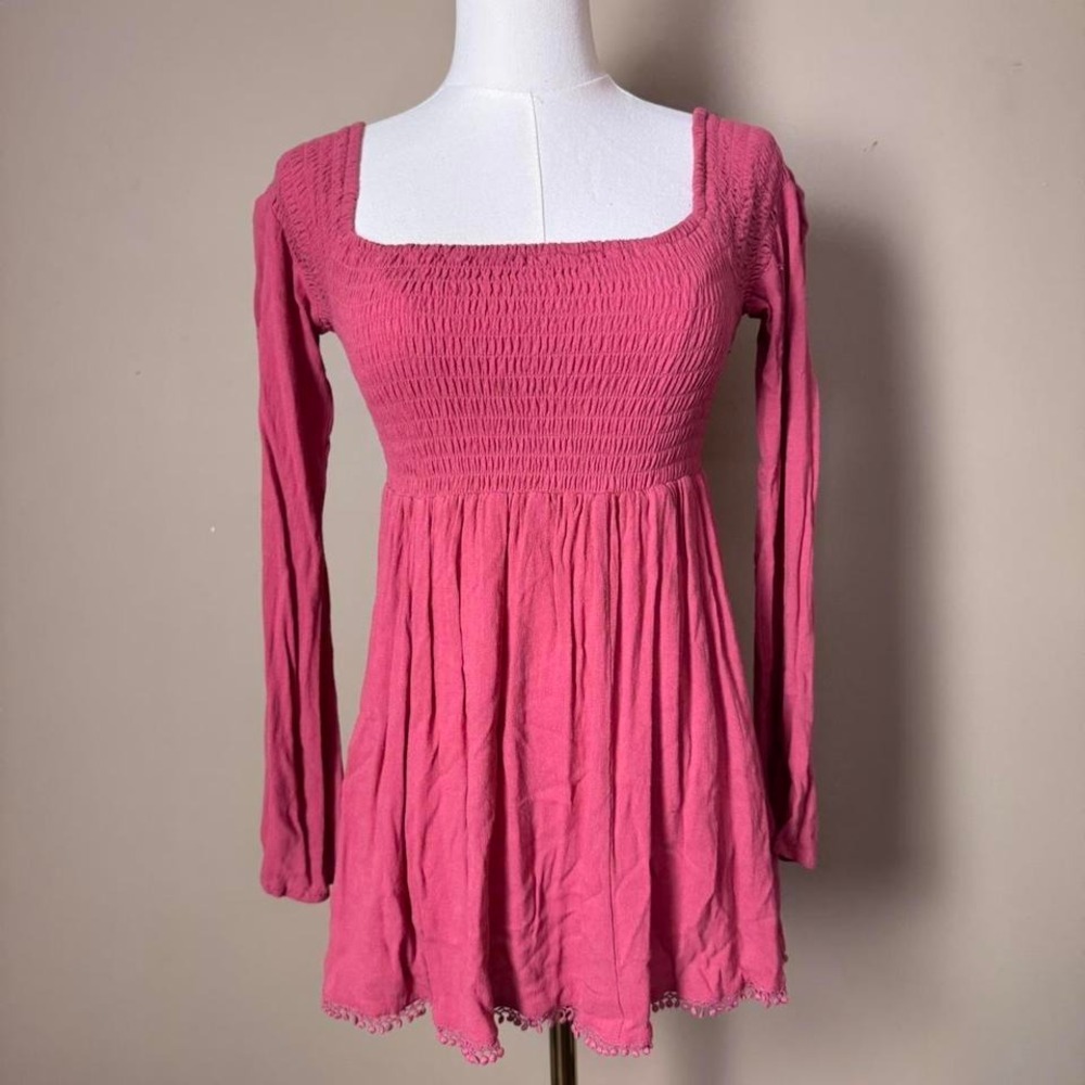 Altar'd State Pink Baby Doll Smocked Long Sleeve T Shirt Size Small Cottage Core